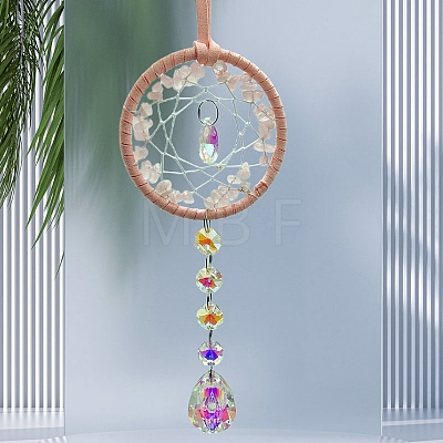 Woven Web/Net Natural Rose Quartz Chips Hanging Ornaments PW-WGC610B-01-1