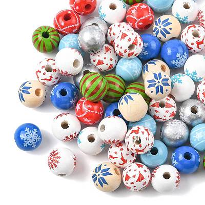 60Pcs 10 Styles Christmas Spray Painted Schima Wood Beads WOOD-FS0002-45-1