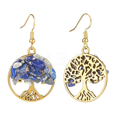 Natural Gemstone Chips Tree of Life Dangle Earrings EJEW-JE04934-1