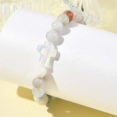 8.5MM Natural Aquamarine Round Beaded Stretch Bracelets BJEW-JB14342-02-1