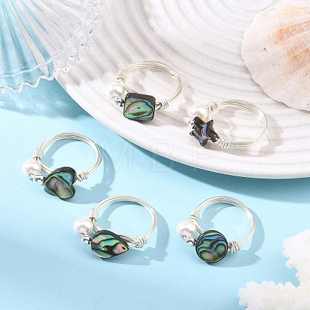 Eco-Friendly Copper Wire with Natural Abalone Shell/Paua Shell Finger Rings RJEW-JR01086-02-1