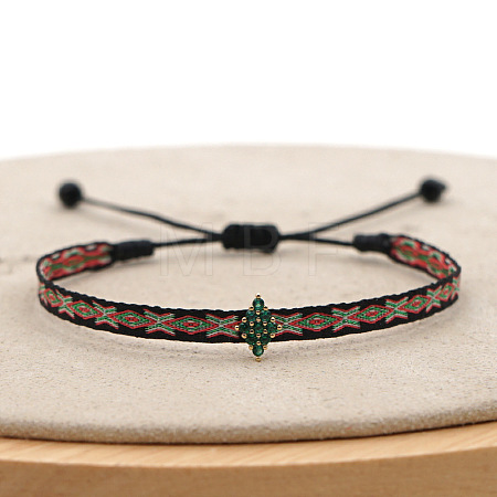 Vintage Bohemian Cotton Cord Braided Bracelets with Brass Micro Pave Green Cubic Zirconia Rhombus Beads HL6263-22-1