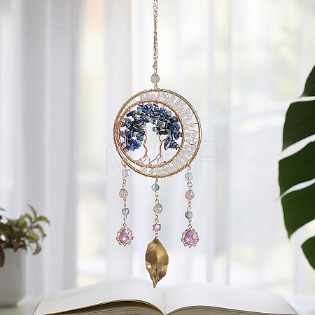 Brass Wire Wrapped Natural Sodalite Chips Tree of Life Pendant Decorations HJEW-D302-07B-1