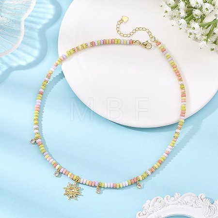 Brass Pave Clear Cubic Zirconia Sun Pendant Glass Beades Necklaces NJEW-JN06538-1