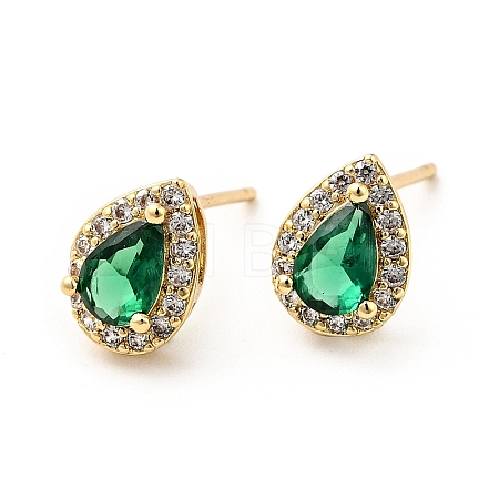 Green Cubic Zirconia Teardrop Stud Earrings EJEW-F288-20G-1