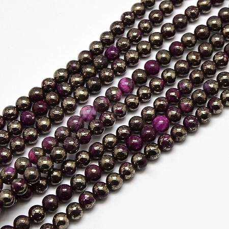 Electroplate Gemstone Natural Pyrite Round Beads Strands G-L129-6mm-02-1