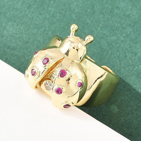 Ladybug Brass Micro Pave Cubic Zirconia Cuff Rings for Women RJEW-A088-09B-G-1