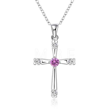 Silver Color Plated Brass Cubic Zirconia Cross Pendant Necklaces NJEW-BB09493-1