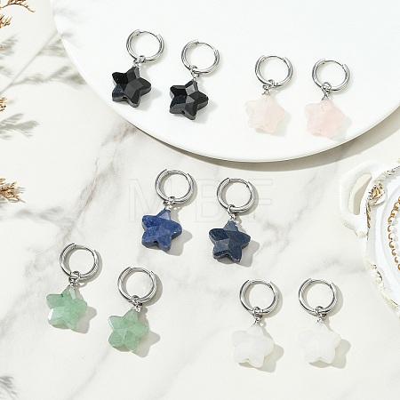 Brass & Natural Green/Blue Aventurine & Quartz Crystal & Rose Quartz & Obsidian Hoop Dangle Earrings EJEW-JE07237-1