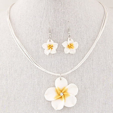 Flower Polymer Clay with Wax Cord Pendant Necklaces & Dangle Earrings Sets FS-WG2CAA9-04-1