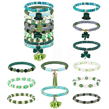 11Pcs 11 Style Alloy Enamel Clover & Cloth Flower Tassel Charm Stretch Bracelets Set BJEW-SW00101-1