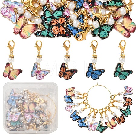 20Pcs 5 Colors Butterfly Alloy Enamel & Glass Pearl Pendant Decorations HJEW-YW00563-1