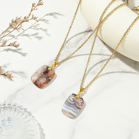 Natural Mexican Agate/Crazy Lace Agate Rectangle Pendant 304 Stainless Steel Cable Chain Necklaces NJEW-JN06210-01-1