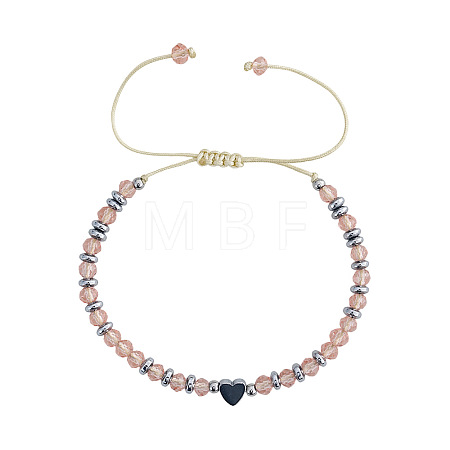 Adjustable Faceted Glass & Heart Brass Bead Braided Bracelets RF4294-2-1