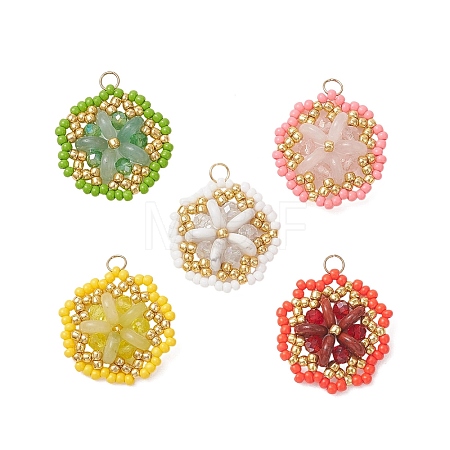 Natural Gemstone & Glass Seed Beaded Flower Pendants PALLOY-MZ01211-1