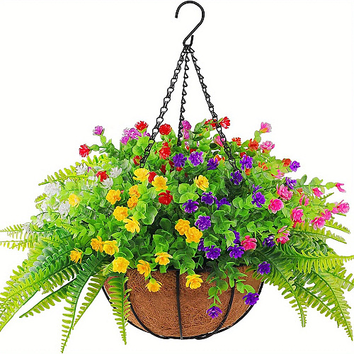 Plastic Artificial Green Plant Eucalyptus Flower Hanging Basket with Chain PW-WG629A0-03-1