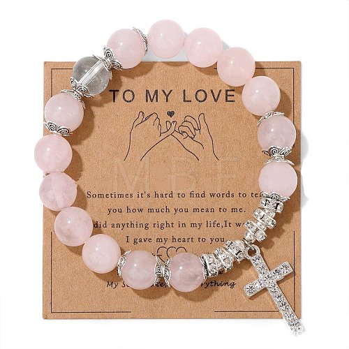 Natural Rose Quartz Round Beaded Stretch Bracelets PW-WG20452-01-1