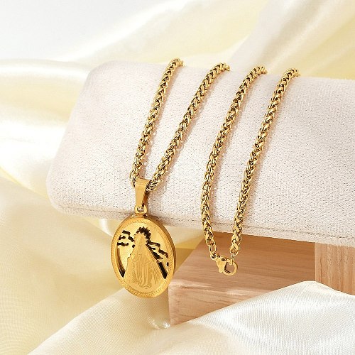 304 Stainless Steel Virgin Mary Pendant Wheat Chain Necklaces for Men NJEW-S387-09G-03-1