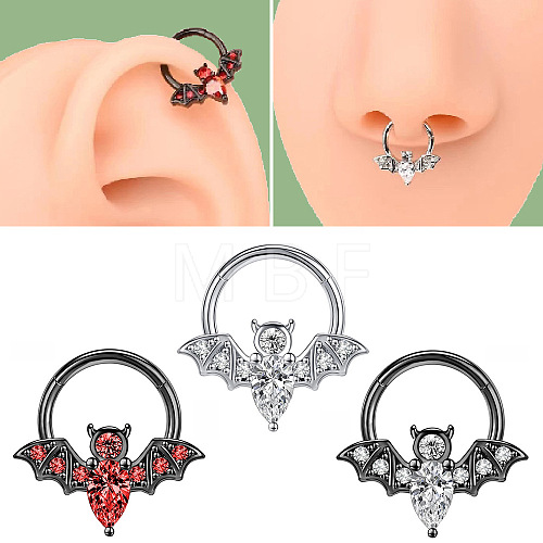 304 Stainless Steel Crystal Rhinestone Halloween Bat Hoop Nose Rings WG0E020-03-1