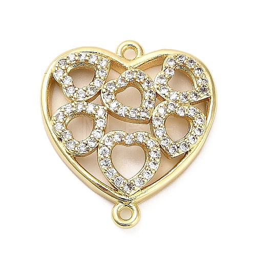 Brass Micro Pave Clear Cubic Zirconia Heart Connector Charms KK-L229-054G-1