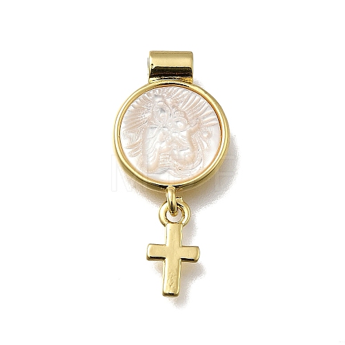 Brass Pave Natural White Shell Flat Round with Cross Pendants KK-C090-40G-07-1