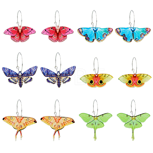 6 Pairs 6 Style Acrylic Butterfly Dangle Hoop Earrings EJEW-FI0001-34-1