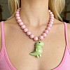 Resin Dinosaur Pendant Pink Round Beaded Necklaces for Women WG6D99C-01-2