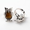 Owl Brass Natural Tiger Eye Finger Rings RJEW-L074-09-1