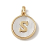 Brass Pave Natural Shell Flat Round with Letter Charms KK-Z115-13G-S-1