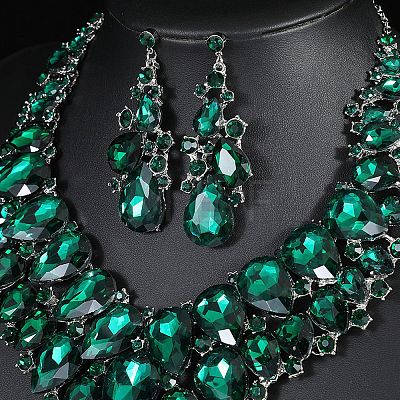 Teardrop Alloy Rhinestone Bib Necklaces & Earrings Sets for Women WG716F5-02-1