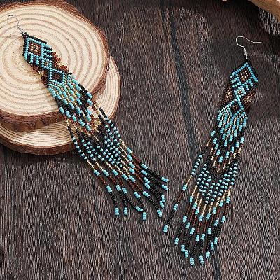 Bohemian Handmade Glass Seed Beads Rhombus Long Tassel Dangle Earrings AP6965-1