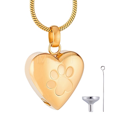 1Pc Stainless Steel Paw Print Heart Urn Ashes Pendant Necklaces NJEW-CN0001-15G-1