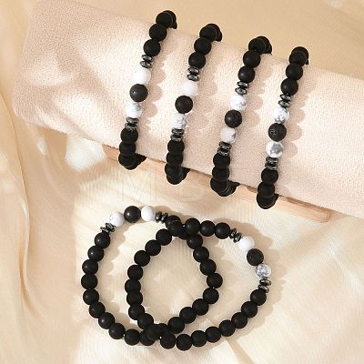 8mm Round Frosted Natural Obsidian & Howlite & Lava Rock Beaded Stretch Bracelets for Women Men AC1855-1-1