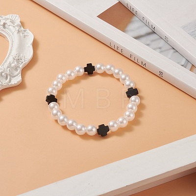 Natural Black Onyx Cross & ABS Plastic Imitation Pearl Beaded Stretch Bracelet for Women BJEW-JB09219-1