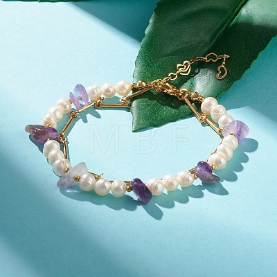 Natural Amethyst & Pearl Beads Double Layered Bracelet X1-BJEW-TA00025-01-1