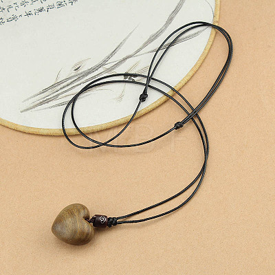 Wood Heart Pendant Adjustable Black Waxed Cord Necklaces for Women FS-WG059F7-01-1