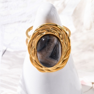 Oval Natural Banded Agate Finger Rings RJEW-M063-01G-14-1