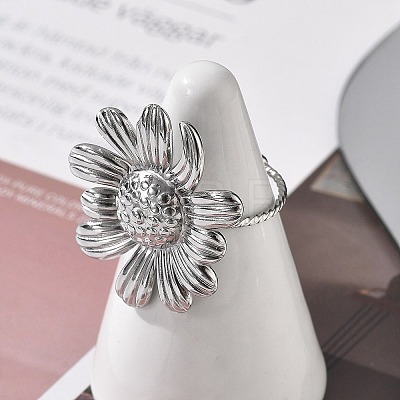 Flower 304 Stainless Steel Open Cuff Ring for Women RJEW-M049-04P-1