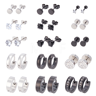 28Pcs 9 Style Clear Cubic Zirciona Diamond & Flat Round Stud Earrings & Ear False Plugs & Hoop Earrings EJEW-AN0003-46-1