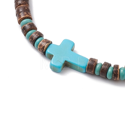 Cross Natural Coconut & Synthetic Turquoise Beads Stretch Bracelets for Men BJEW-JB11389-01-1