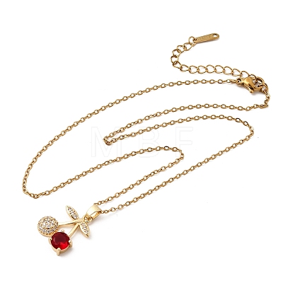 Brass Pave Clear and Red Cubic Zirconia Cherry Pendant 304 Stainless Steel Cable Chain Necklaces for Women NJEW-H092-05G-1