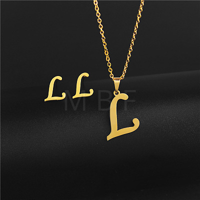 304 Stainless Steel Letter Pendant Necklaces & Stud Earrings Sets WG4BFDA-12-1