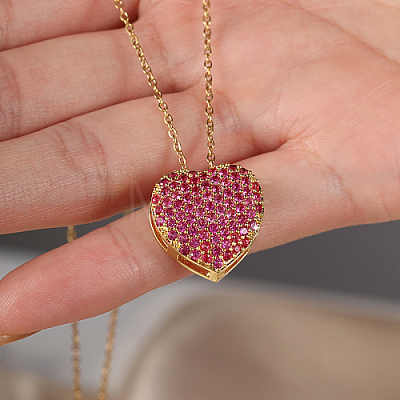 Brass Micro Pave Cubic Zirconia Heart Pendant Necklaces for Women RK4443-2-1
