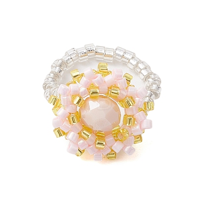 Flower Glass Seed Beaded Stretch Rings for Women RJEW-MZ00022-03-1