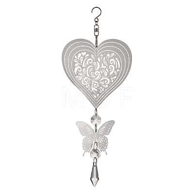 Butterfly 201 Stainless Steel 3D Wind Spinner with Glass Pendant HJEW-E011-01P-04-1