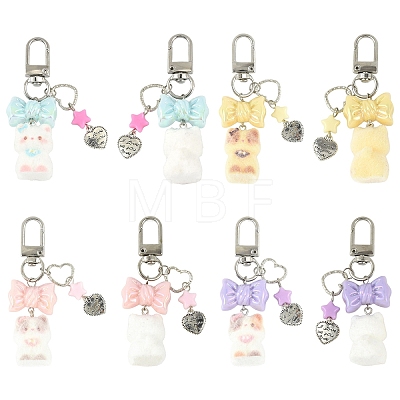 Cat Shape Flocky Opaque Resin & Opaque Acrylic Bowknot & Alloy Heart Charms Pendant Decorations HJEW-YW00343-01-1