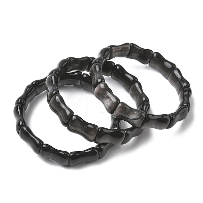 Bamboo Natural Silver Sheen Obsidian Beads Stretch Bracelets for Women Men BJEW-K304-01C-1