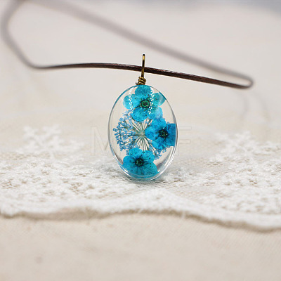 Alloy Wire Wrapped Oval Glass Inner Dried Flower Pendant Waxed Cord Necklaces for Women FS-WG6B63C-07-1