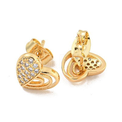 Heart Brass Pave Clear Cubic Zirconia Stud Earrings EJEW-M258-36G-1