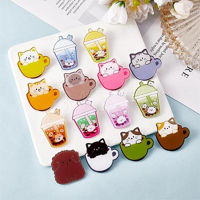 14 Pieces Acrylic Brooch Pins Set Cup Cat and Animal Milk Tea Label Pins Cute Cartoon Animal Badges Pins Creative Backpack Pins Jewelry for Jackets Clothes Hats Decorations JBR111A-1